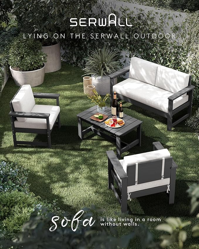 SERWALL 2 Pieces Single Cushioned Sofa Chair, Grey HDPE Outdoor Adirondack Lounge Armchair with Khaki Cushion