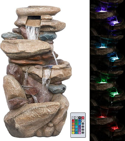 Alpine Corporation WIN315 40" Floor Fountain – Tiered Brown Rock Water Feature with Color-Changing LED & Remote – Cascading Streams for a Tranquil Garden, Patio, Yard, Deck, or Porch, Light Brown