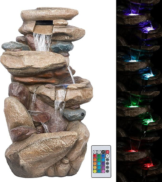 Alpine Corporation WIN315 40" Floor Fountain – Tiered Brown Rock Water Feature with Color-Changing LED & Remote – Cascading Streams for a Tranquil Garden, Patio, Yard, Deck, or Porch, Light Brown