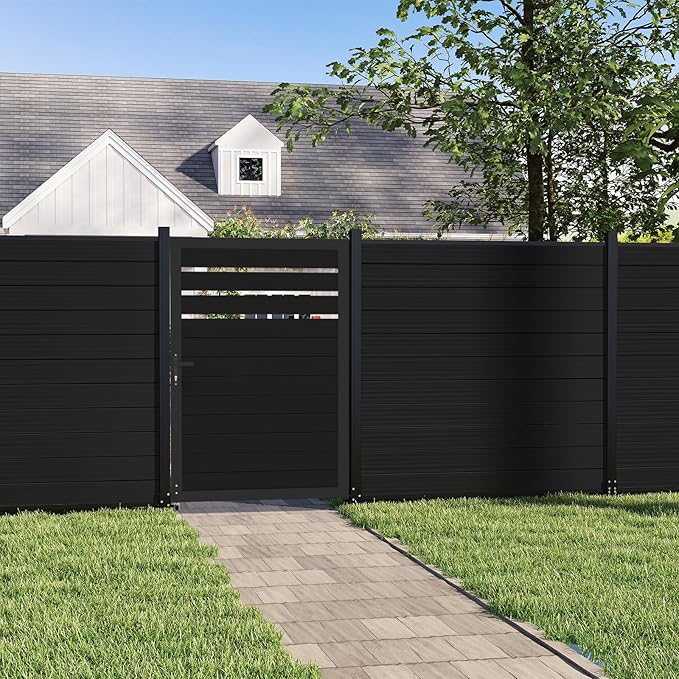 Mondaria Openwork Aluminum Privacy Fence Gate, 6ft(H) x 4ft(W) - Outdoor Decorative Fence Gate with Metal Frame & Knob Kits, Black (Without Post)