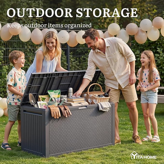YITAHOME 95 Gallon Large Outdoor Deck Box, Lockable Waterproof Resin Storage Box with Handles, Weatherproof & UV Resistant, Patio Garden Tool Container for Outdoor Furniture, Dark Grey