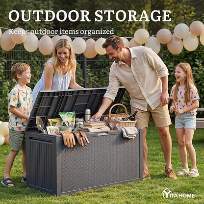 YITAHOME 95 Gallon Large Outdoor Deck Box, Lockable Waterproof Resin Storage Box with Handles, Weatherproof & UV Resistant, Patio Garden Tool Container for Outdoor Furniture, Dark Grey