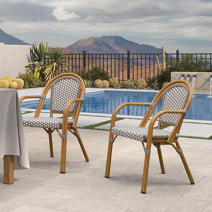 PURPLE LEAF French Bistro Chairs Set of 2 Aluminum Hand-Woven Rattan Wicker Dining Chairs with Arms for Outdoor Porch Garden Bamboo Print Finish Grey