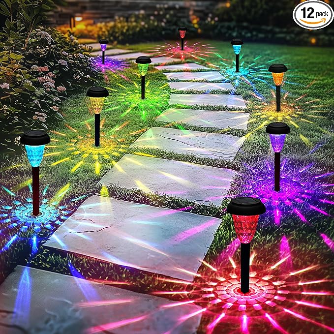 TISEJOY Solar Pathway Lights Outdoor Waterproof 12 Pack Color Changing Garden Light for Yard Patio Driveway Walkway Lawn Landscape Lighting for Outdoor 4th of July Decorations