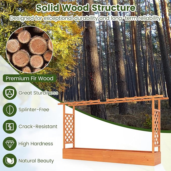 S AFSTAR Raised Garden Bed with Trellis, 2 Pieces Fir Wood Planter Box with Flat Roof & Drainage Holes, Vertical Planter Raised Bed for Climbing Plants, Flowers & Vegetables, 87" x 14" x 45" (Orange)