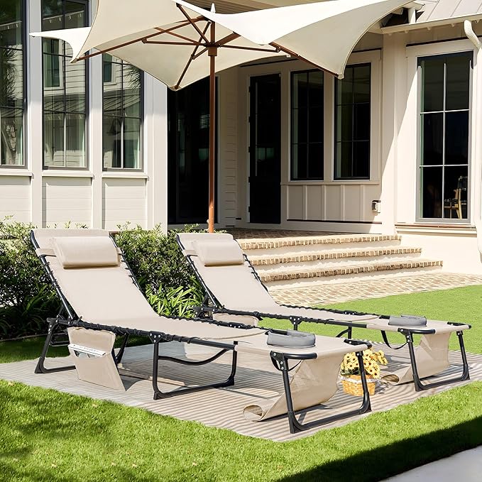 Flamaker Face Down Chaise Lounge Chair 5-Position Adjustable Sunbathing, Foldable Tanning Chair with Face& Arm Holes, Outdoor Recliner Chair for Pool, Beach, Patio, Lawn (Beige, 1 Pcs)