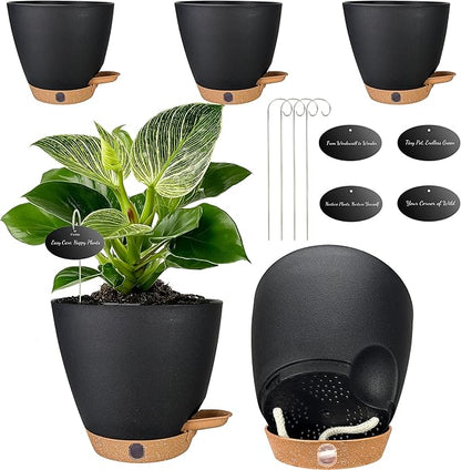 6 Inch Self Watering Pots for Indoor Plants(5-Pack) – Small Plastic Planters with Water Level Window, Drainage Holes & Detachable Trays, Indoor Outdoor Flower Pots for Herbs, Snake,Pothos(Black)