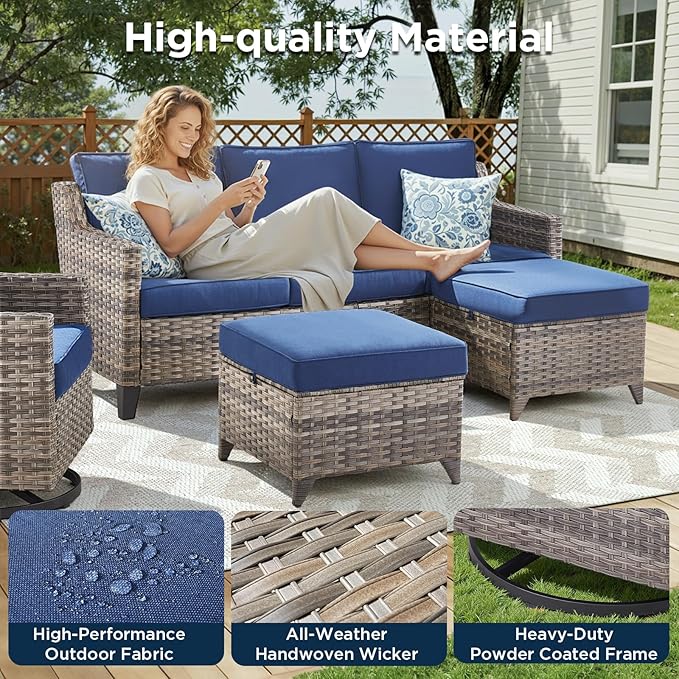 6 Piece Outdoor Patio Wicker Furniture Sets-High Back Outdoor Conversation Set Sectional Sofa with Wicker Swivel Rocker Patio Chairs,Thick Cushions Ottomans for Porch Balcony Patio Deck Grey/Blue