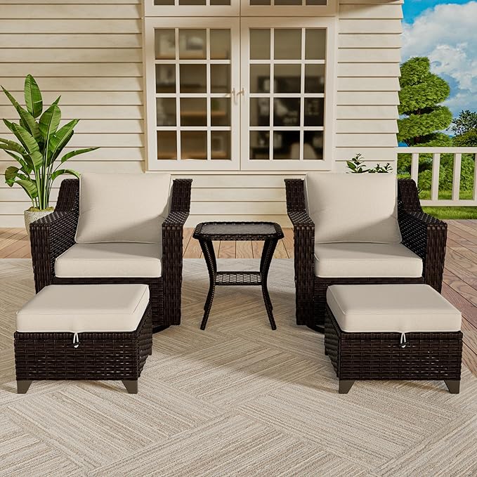 Vista Vibe 5 Pieces Outdoor Rattan Patio Conversation Furniture Set - 360 Degree Swivel Glider Rocker Chairs | Coffee Table | 2 Wicker Ottomans, Premium & Washable Cushions, Terrace (Brown/Beige)