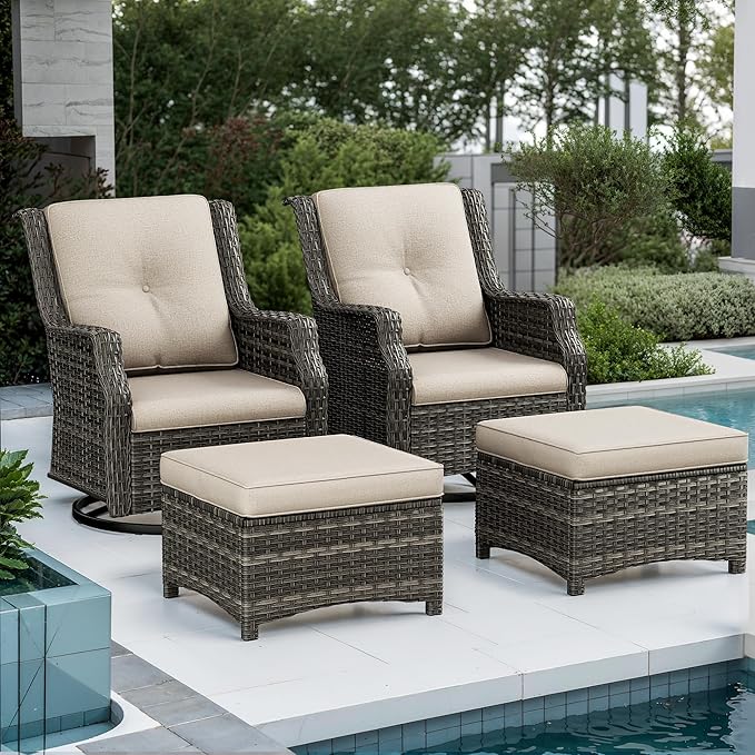 4 Piece Patio Furniture Set, 2 Swivel Glider Chairs and 2 Ottomans PE Wicker Footstool, Outdoors Rattan Conversation Set with Deep Seating and Olefin Cushions, for Backyard, Garden, Beige