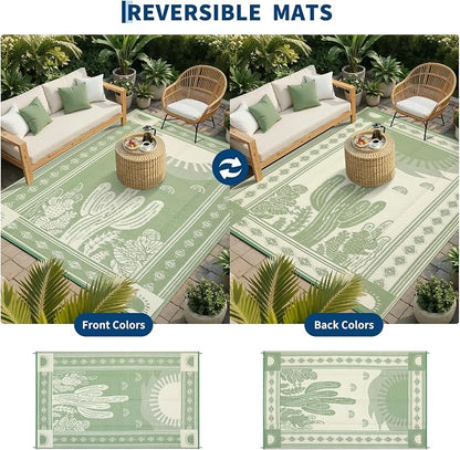 Garvee Reversible Cactus Outdoor Rug 8x10 for Patio, Waterproof Outdoor Area Rug, Modern Desert Botanical Indoor Outdoor Rugs, Plastic Straw Rug for RV, Camping, Deck, Sage Green & Beige