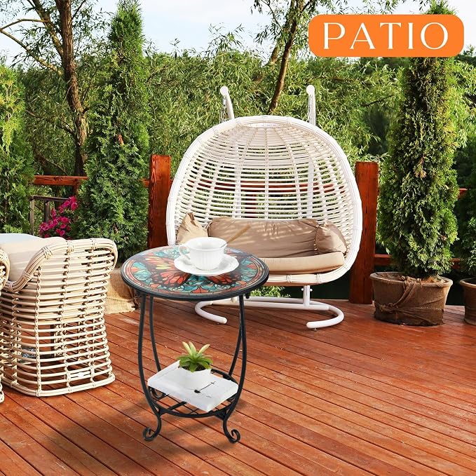 Cinnvoice Outdoor Side Table Round Small Mosaic Patio Accent Indoor End Plant Coffee Tea Table for Yard Patio Porch Garden Living Room, Bedroom(Butterfly B Style,18 Inch)