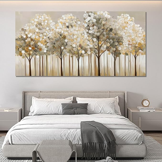 SSNEEKNDG Large Gold Forest Wall Art for Living Room Tree Picture Brown Wall Decor Modern Landscape Artwork for Bedroom Home Office Kitchen Canvas Prints Ready to Hang 29"x58"