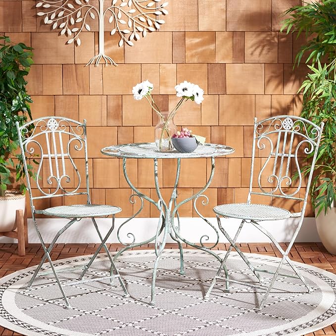 SAFAVIEH Outdoor Collection Semly Victorian Antique Dark Green Wrought Iron 3-Piece Bistro Set