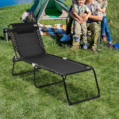 GYMAX Tanning Chair, Extra High Lounge Chair with Removable Pillow, Detachable Side Pocket & Adjustable Backrest, Folding Chaise Lounger for Sunbath, Layout Beach Chair for Indoor/Outdoor (2, Black)