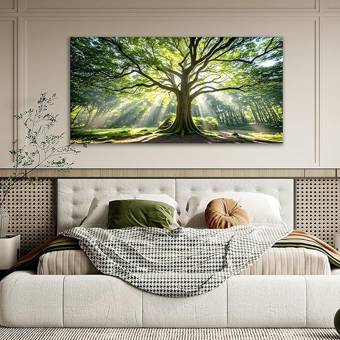 JLXART Canvas Large Art Spring Nature Green Tree Wall Art Framed Forest Artwork for Office Wall Decoration Ready to Hang 20x40inch