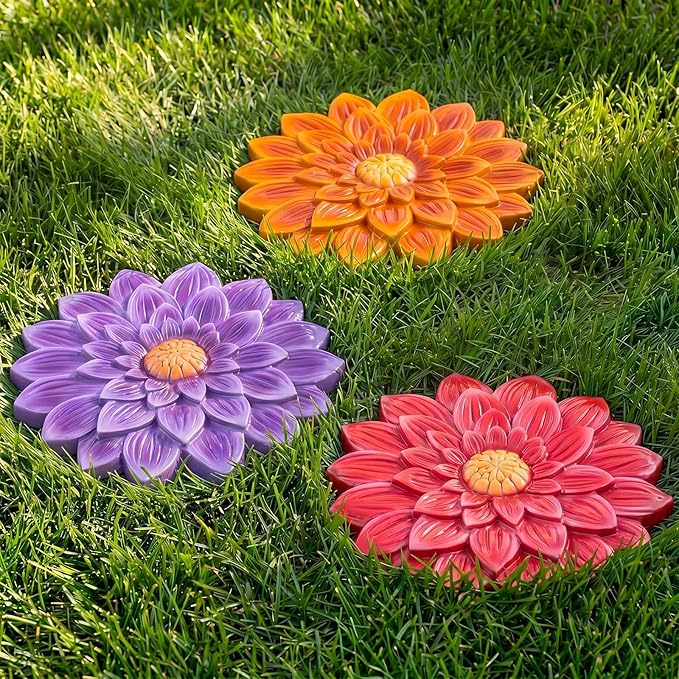 Cinnvoice 3 Pack Garden Stepping Stone Outdoor, Decorative Dimensional Resin Stepping Stones for Patio Pathway Landscaping Walkway Sculpture Yard Backyard Lawn(Dahlia,10 Inches)