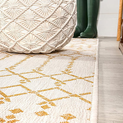 JONATHAN Y Moroccan Geometric Indoor Outdoor Runner Rug 2X10 Cream/Yellow, Ourika Textured Weave for Backyard, Patio, Porch, Easy-Cleaning, High Traffic, Pet-Friendly, Non-Shedding (SMB108J-210)