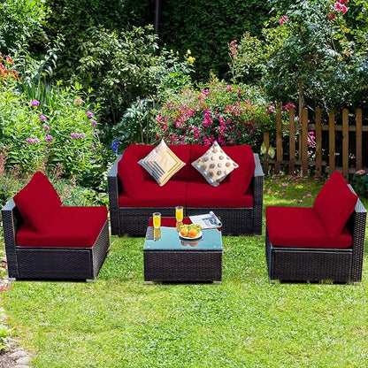 HAPPYGRILL 5-Piece Patio Furniture Set Outdoor Rattan Wicker Sofa Set with Coffee Table Sectional Sofa Conversation Set with Pillows Cushions for Backyard Porch Garden Poolside