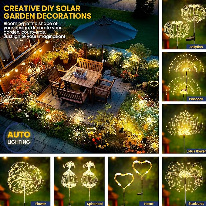 GIGALUMI Garden Decor Outdoor Lights 120LED 6Pack, Solar Garden Lights Outside Fairy Firework Decorative,Solar Powered for Yard Pathway Flowerbed Planter Balcony Patio 4th of July Decor (Warm White