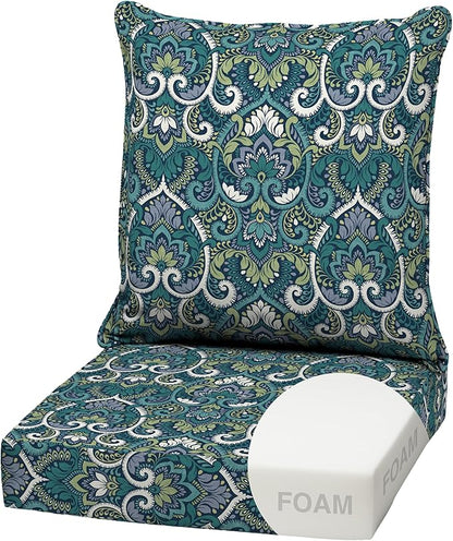 Arden Outdoor Foam Deep Seat Cushion Set, 22x24, Premium High-Density Foam, Never Flattens, Weather-Proof for Patio Chair Sofa Couch, Sapphire Aurora Blue Damask