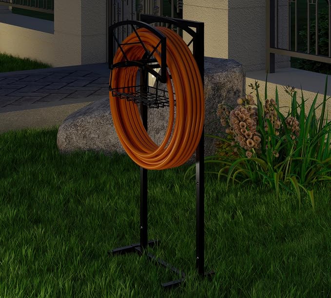 Fire Beauty Heavy-Duty Portable Garden Hose Holder with Storage Basket,80+ lbs Capacity, Modern Geometric Design, Holds 180ft 1/2" Hose,Dual Support Rods & Rustproof Screws