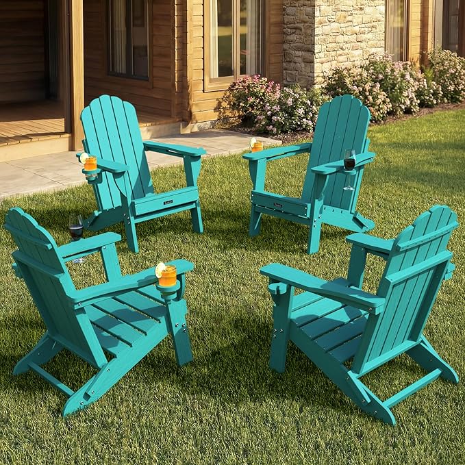 Adirondack Chairs Set of 4, Foldable Adirondack Chairs with 2 Cup Holder, Wood Texture HDPE Fire Pit Chairs, Outdoor Lawn Chair for Patio Garden, Lake Blue