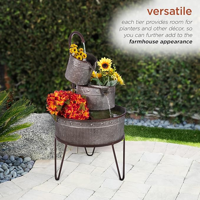 Alpine Corporation YHL684 33" Outdoor Floor 3-Tier Vintage Tubs and Planters Fountain, Rustic Metal Cascading Waterfall Feature for Gardens, Patios, and Yards, Silver