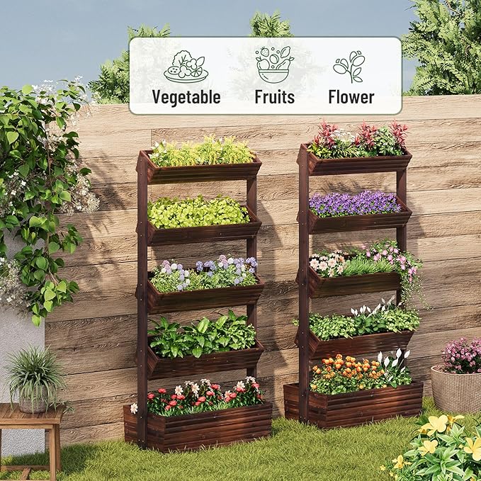 Vertical Wooden Raised Garden Bed, Garden Planters Freestanding Wood Plant Stand Flower Rack Wooden Planter Box for Plants Herbs Flowers Vegetables Outdoor Indoor Gardening (5-Tier Carbonized)