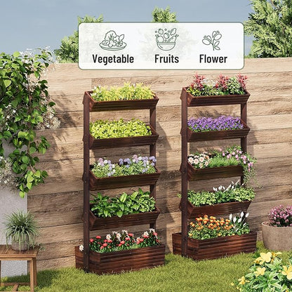 Vertical Wooden Raised Garden Bed, Garden Planters Freestanding Wood Plant Stand Flower Rack Wooden Planter Box for Plants Herbs Flowers Vegetables Outdoor Indoor Gardening (5-Tier Carbonized)