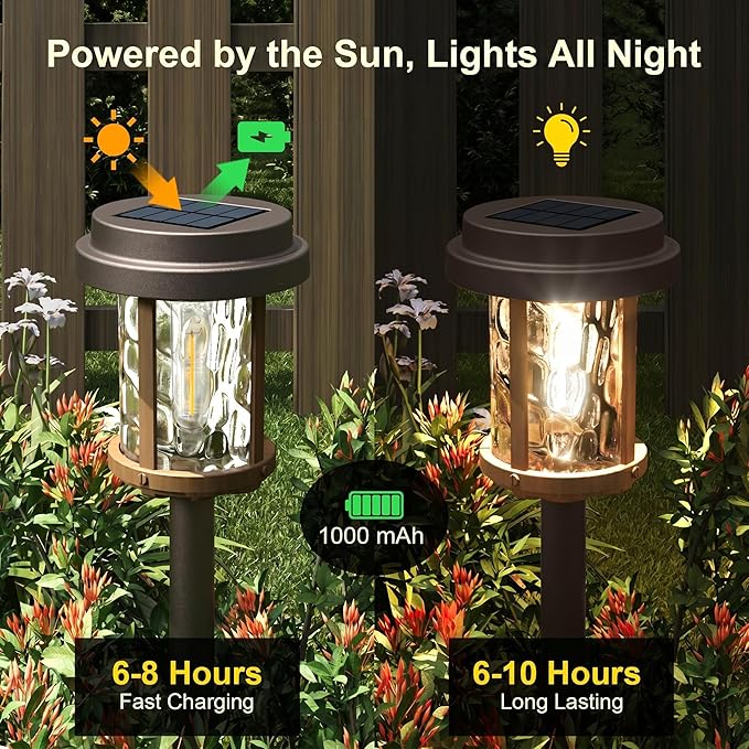 XMCOSY+ Solar Pathway Lights 6 Pack, Bright 20 Lumens Solar Garden Lights, Auto On/Off 10 Hours with Metal Glass Solar Powered, Waterproof Landscape Lights for Outside Yard Walkway Driveway Lawn