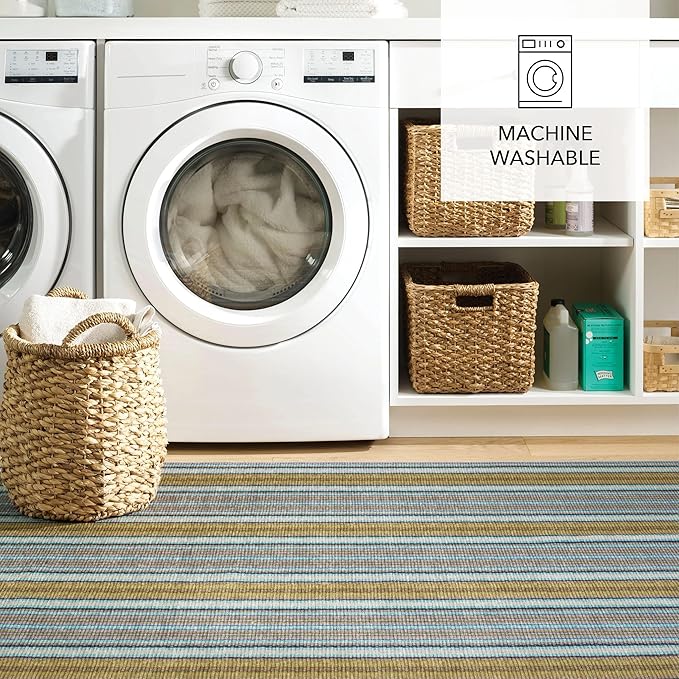 Dash & Albert Treehouse Stripe Machine Washable Rug, 5 X 8 Feet, Green Stripe Pattern
