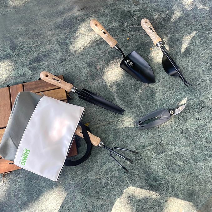 SUMIO 6-Piece Gardening Hand Tool Set – Includes Trowel, Transplanter, Cultivator, Lever Weeder, Bypass Pruner & Storage Bag – Garden Tools Kit for Planting, Weeding, and Pruning (Gray)