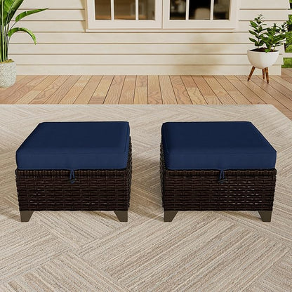 VistaVibe 2 Pieces Patio Wicker Ottomans, Luxurious Footstools, Outdoor Small Footrest, Wicker Furniture with Removable Cushions,All-Weather PE Rattan, Garden, Backyard, Porch(Brown/Navy)
