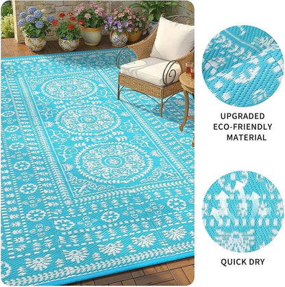 Garvee Reversible Outdoor Rug 6x9 for Patio, Waterproof Outdoor Area Rug, Modern Medallion Indoor Outdoor Rugs, Plastic Straw Rug for RV, Camping, Deck, Vintage Blue