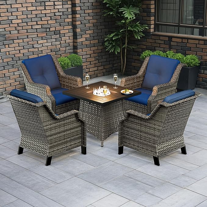 3-Piece Wicker Patio Furniture Set, 2 Armchairs and 1 Fire Pit, Conversation Set with Cushions, Blue