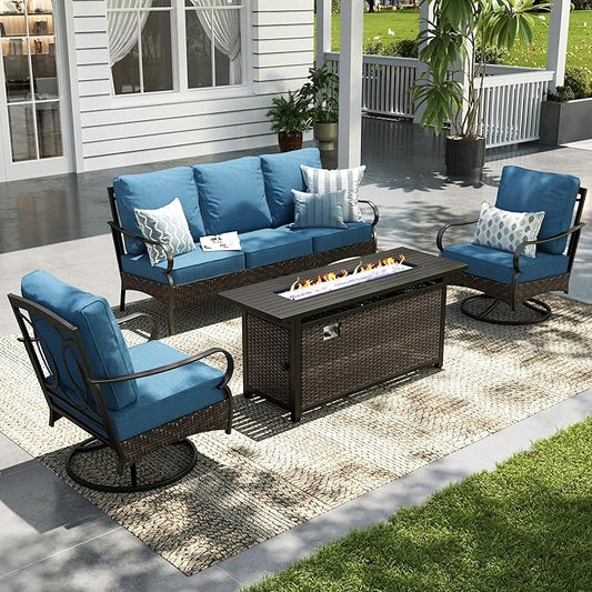 Sophia & William Patio Furniture Set with Fire Pit Table, 4 PCS Metal Outdoor Conversation Set with Fire Pit Table, 2 Swivel Chairs,3-Seater Couch for Outdoor Seating, Backyard, Porch(Navy)