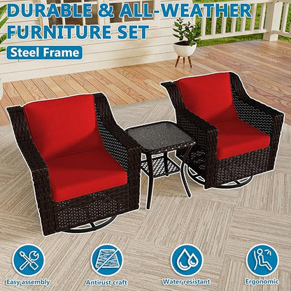 VistaVibe 3 Pieces Outdoor Patio Conversation Furniture Set - 360 Degree Swivel Glider Rocker Chairs | Wicker End Table, Washable Cushions, Hand-Woven PE Rattan, Lawn, Sunroom (Brown/Red)