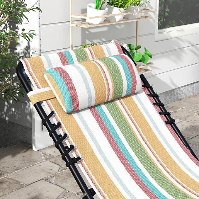 Outsunny Folding Chaise Lounge Chair Outdoor Set of 2 Mesh Seat Rainbow | Foldable, Sun Tanning Chair, Chaise Lounger, 4-Position Reclining Back, for Outside Patio Beach Poolside Backyard
