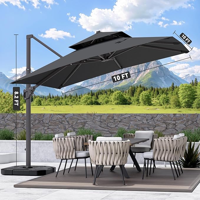 10' X 10' Cantilever Patio Umbrella Outdoor with Base Included Heavy Duty Double Top Windproof Square Offset Umbrellas with 360-degree Rotation for Pool Deck Backyard, Grey