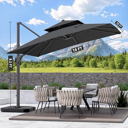 10' X 10' Cantilever Patio Umbrella Outdoor with Base Included Heavy Duty Double Top Windproof Square Offset Umbrellas with 360-degree Rotation for Pool Deck Backyard, Grey