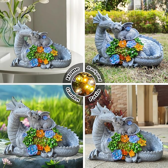 Solar Dragon Garden Statues Outdoor Decor, Resin Dragon Figurine with Succulent and 6 LED Lights Lawn Patio Balcony Art Decoration,Housewarming Birthday Gifts for Grandma Mom Women