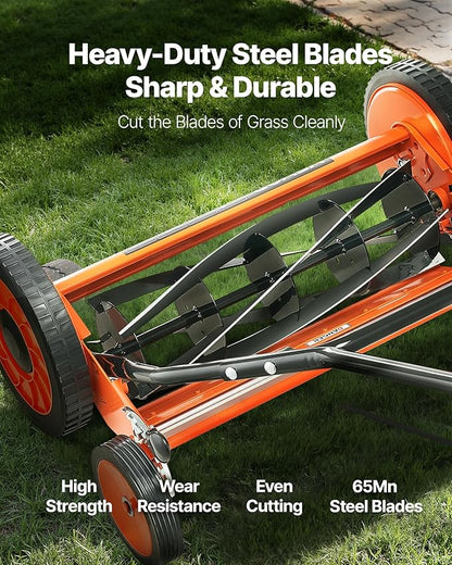 VEVOR Push Reel Lawn Mower 18 inch, 5 Blades Manual Push Mower No Motor, 1.37-2.44 in Adjustable Cutting Height, Walk-Behind Lawn Mowers with Grass Catcher Bag for Green Lawns, Driveways, Courtyards