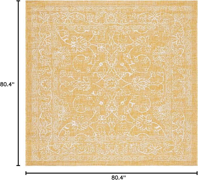 SAFAVIEH Washable Rug Outdoor Courtyard Collection - 6'7" Square, Gold & Ivory, Non-Shedding & Easy Cleaning, Ideal for Patio, Backyard, Mudroom (CY8680-56021)