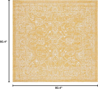 SAFAVIEH Washable Rug Outdoor Courtyard Collection - 6'7" Square, Gold & Ivory, Non-Shedding & Easy Cleaning, Ideal for Patio, Backyard, Mudroom (CY8680-56021)