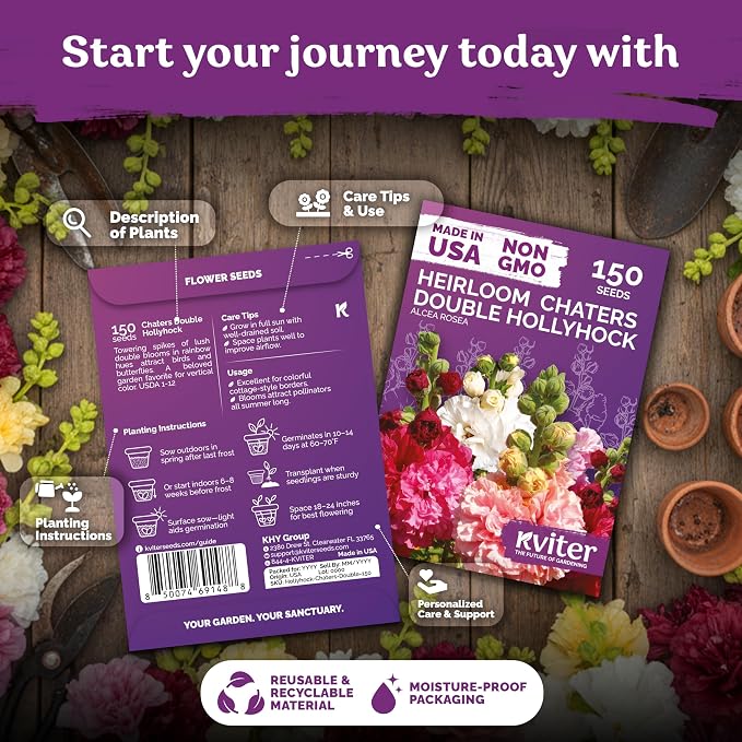 KVITER 150 Chaters Hollyhock Seeds for Planting (Alcea rosea) - Heirloom | Tall Blooms | Pollinator Magnet - Double Hollyhocks Flower Seeds to Plant Outside in Garden, Cottage Borders, Containers