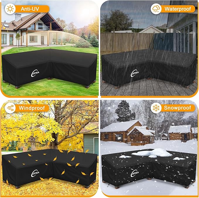 Kipiea Patio V-Shaped Sectional Sofa Cover, 420D Heavy-Duty Oxford Fabric Outdoor Sectional Cover with 6 Windproof Buckles, Anti UV and No Tears, No Fading (105"/105" L x 33.5" D x 31" H) Black