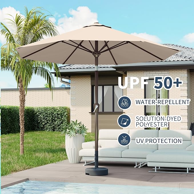 PatioKingdom 10FT Patio Umbrella with Push Button Tilt and Crank, Outdoor Market Umbrella with 8 Fiberglass Ribs, UV Protection Table Umbrella for Pool,Backyard,Garden,Deck(Beige, 10FT)