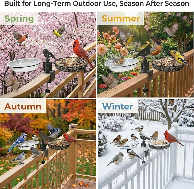 Deck Bird Feeder & Bird Bath for Railing – No-Drill Clamp Fits Balcony, Deck & Fence up to 1.97"/5cm – Rust-Resistant Metal Mesh Tray + Windproof Water Bowl Combo, Wild Bird Feeding Station with Brush