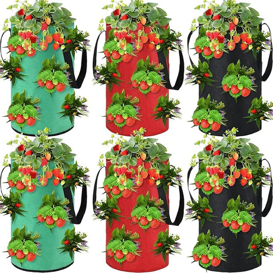 6 Pieces 3 Gallon Tomato and Herb Planter Hanging Aeration Fabric Strawberry Grow Bags Hanging Strawberry Planter Upside Down Tomato Plant Hanger Vegetable Planting Bags for House (Black, Green, Red)